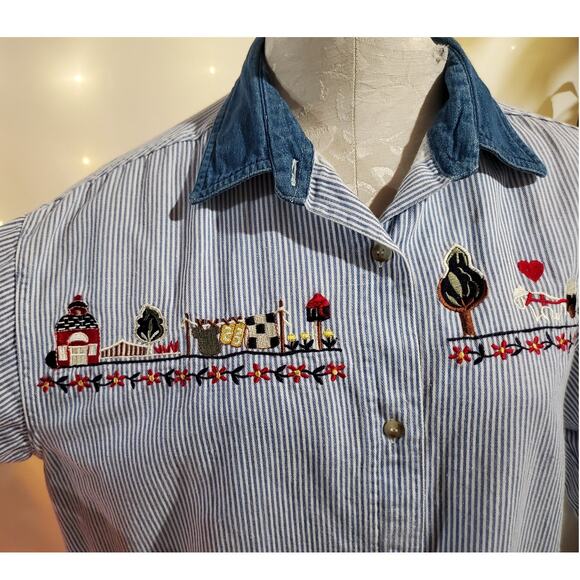 Lets Quizz Again Womens Vintage Embroidered Country Button Up Top Size M Striped - Picture 2 of 9